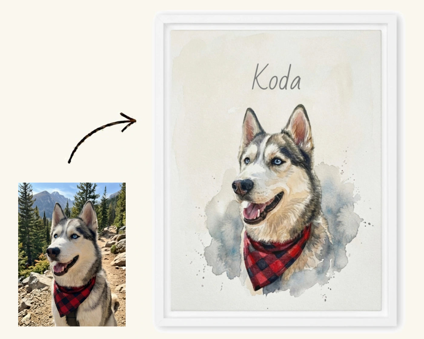 Framed watercolor painting of a dog with a red bandana, labeled 'Koda', next to a photo of a real dog in a mountainous landscape.