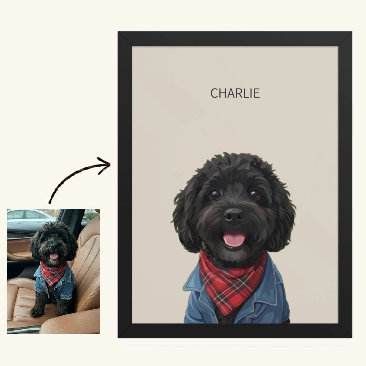 Framed portrait of a black dog with a red bandana and blue jacket, labeled 'CHARLIE'.